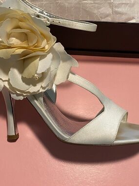 Nina Ivory Satin Floral Ankle-Strap Heels